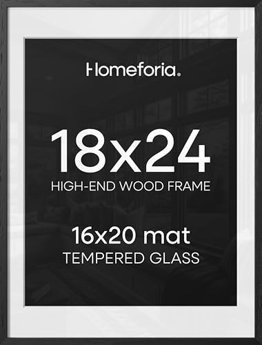 Homeforia Black Wooden Frame 18x24, High End Oak 18x24 Wood Picture Frames with Mat 16x20 Photo, 18 x 24 Poster Frame Matted to 16 by 20 Print, 24x18 Hanging Frames, Tempered Glass, Wall Kit, Set of 1