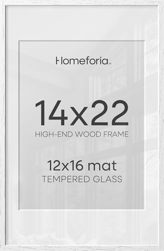 Homeforia 14x22 Picture Frame White, High End Oak 14x22 White Wood Frame with Mat 12x16 Photo, 14 x 22 Wooden Poster Frames Matted to 12 by 16, 22x14 Hanging Frames, Tempered Glass, Wall Kit, Set of 1