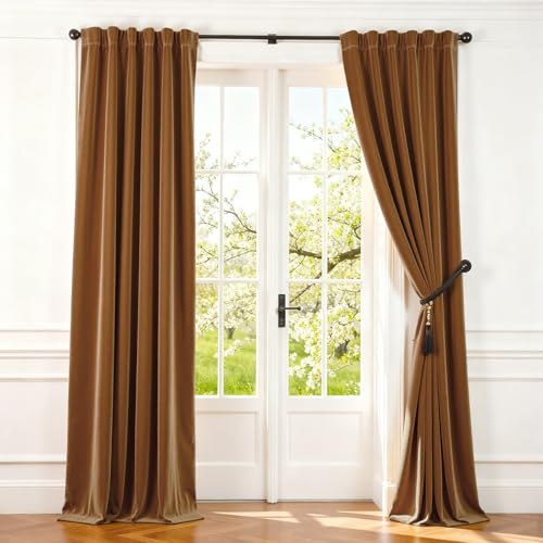 Lazzzy Velvet Curtains Brown Thermal Insulated Drapes for Bedroom Living Room 102 Inches Long Blackout Window Treatments Luxury Rod Pocket 2 Panels Gold Brown