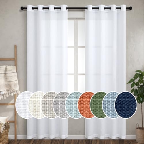 Pitalk White Linen Curtains 100 Inches Long for Living Room 2 Panel Set Grommet Privacy Opaque Light Filtering Semi Sheer Curtain Drapes for Bedroom Dining Room Home Office Farm House 52x100 in Length