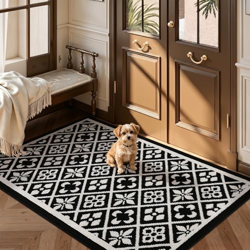Ileading Entrance Door Mat 3'x5', Absorbent Dog Mats for Muddy Paws, Low-Profile Large Entryway Runner Rug with Non-Slip Backing, Machine Washable Inside Welcome Mat for Hallway,Kitchen(Black)
