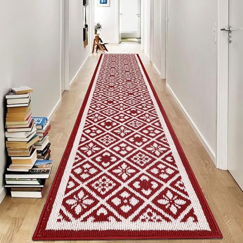 Ileading Runner Rugs for Hallways 2x10ft Heavy-Duty Durable Red Entryway Floor Mat with Non Slip Rubber Backing for Busy Traffic Extended Doormat Machine Washable Kitchen Throw Rug Valentine's Day