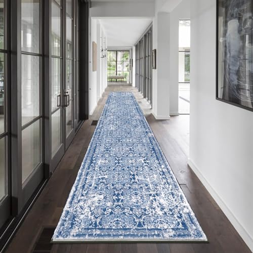 Vaukki Hallway Runner Rug, Vintage Shaggy Soft Laundry Rug Runner, Non Slip Entryway Runner Mat, Washable Farmhouse Kitchen Area Carpet for Bathroom, Entryway and Bedroom (2'6''x20', Blue)