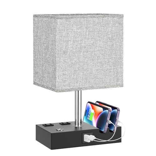 Kakanuo Nightstand Lamp for Bedroom with Dual USB Ports, Grey Touch Control Bedside Table Lamp with Charging Outlets and Phone Stands, 3-Way Dimmable Desk Lamp for Living Room, LED Bulb Included