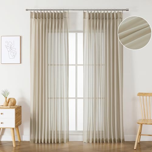 WEST LAKE 90 Inches Long Khaki Pinch Pleated Sheer Curtains for Bedroom Living Room,Plaza Taupe Rustic Textured Drapes with Backtabs,Farmhouse Airy Window Treatment,Custom Multi Sizes,58" Wx90 Lx2