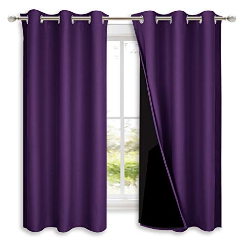 NICETOWN 100% Blackout Curtains with Black Liner Backing, Thermal Insulated Curtains for Living Room, Noise Reducing Drapes, Royal Purple, 37" Wide x 60" Long Per Panel, Set of 2 Panels