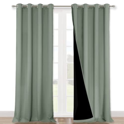 NICETOWN 100% Blackout Window Curtain Panels, Heat and Full Light Blocking Drapes with Black Liner for Nursery, 102" Drop Thermal Insulated Draperies (Greyish Green, 2 Pieces, 52" Wide Each Panel)