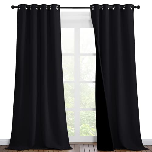 NICETOWN Extra Long Truly Blackout Drapes for Hall and Villa, 46-inch Width Each Panel, 96-inch Length, Black, 2 Pieces, 100% Blackout Window Curtain Panels with Black Lined for Night Shift Worker
