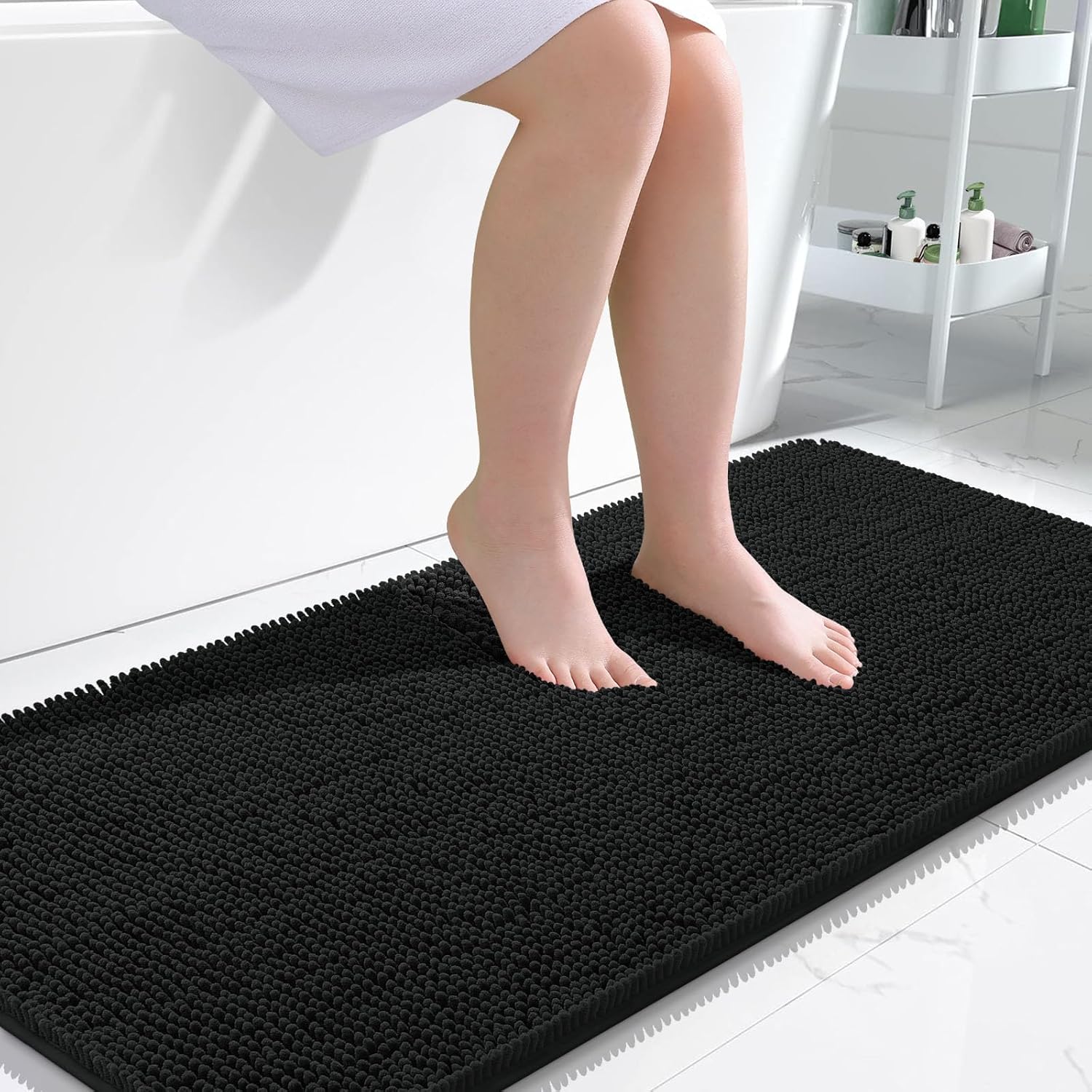 OLANLY Bathroom Rugs 47x24, Extra Soft Absorbent Chenille Bath Rugs, Rubber Backing Quick Dry, Machine Washable Bath Mats for Bathroom Floor, Tub and Shower, Home Decor Accessories, Black