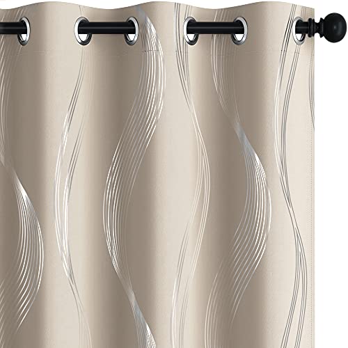 Deconovo Silver Wave Print Blackout Curtains - Thermal Insulated & NoiseReducing Grommet Drapes for Bedroom & Living Room, OekoTEX Certified, Light Beige, 66W x 84L, 2 Panels