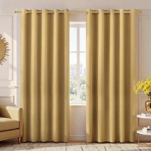 KOUFALL Gold Curtains for Living Room,84 Inches Long Room Darkening Extra 72 Inch Wide Blackout Grommet Thermal Insulated Bedroom Curtains Drapes 84 Inch Length 2 Panels Set