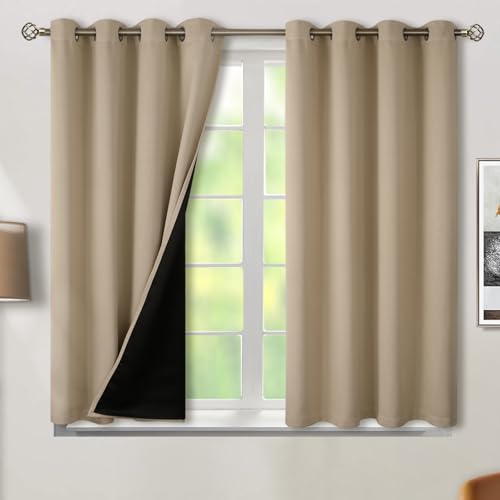 BGment Short 100% Blackout Curtains for Bedroom, Thermal Insulated Energy Efficiency Noise Reducing Grommet Curtains 54 Inch Length with Liner for Small Window 2 Panels Each 52 Inch Wide, Sand
