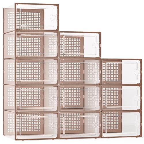 Kuject X-Large Shoe Storage Boxes Organizers for Closet 12 Pack, Fit Size 11,Clear Plastic Stackable Sneaker Containers for Entryway, Space Saving Shoe Rack,Substitute for Drawer Organize Unit, Brown