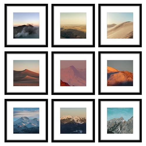 Wiscet 12x12 Picture Frame Set of 9, Gallery Wall Frame Set Display Pictures 8x8 with Mat or 12 x 12 Without Mat, Square Collage Picture Frames for Wall, Black
