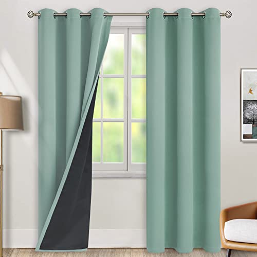 BGment Thermal Insulated 100% Blackout Curtains for Bedroom with Black Liner, Double Layer Full Room Darkening Noise Reducing Grommet Curtain (38 x 84 Inch, Frosty Green, 2 Panels)
