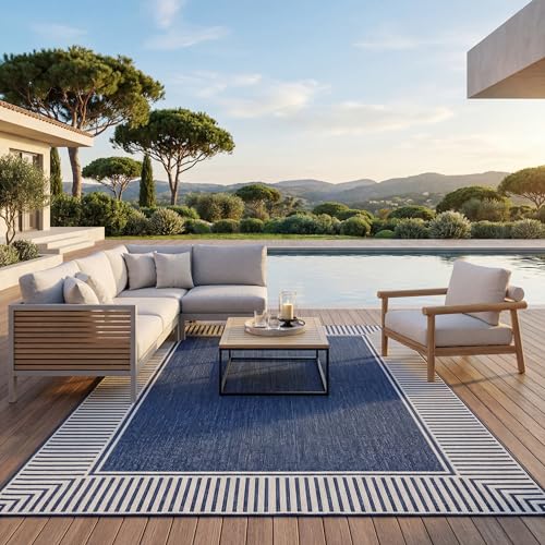 nuLOOM 7' Square Outdoor Area Rug, Casual Design with Striped Border, Stain Resistant, Highly Durable, for Patio, Balcony, Bedroom, Living Room, Dining Room, Bathroom, Navy