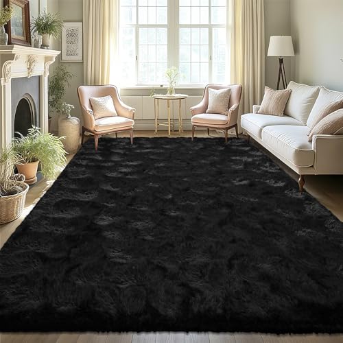 LOCHAS Ultra Soft Indoor Modern Area Rugs 9x12, Fluffy Living Room Carpets for Children Bedroom Home Decor Nursery Rug, Black