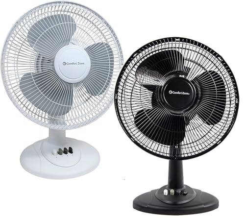 Comfort Zone Oscillating Table Fan Bundle, Adjustable Tilt, Convenient Push Button Controls, Quiet, 12 inch, 3 Speed, Desk Fan, Airflow 7.25 ft/sec, Ideal for Home, Bedroom, Dorm & Office (2-Pack)