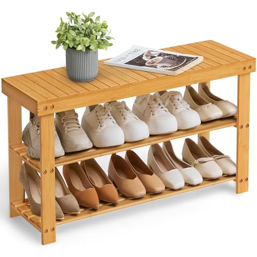 SONGMICS Shoe Rack Bench, 3-Tier Bamboo Shoe Storage Organizer, Entryway Bench, Holds Up to 286 lb, 11.3 x 35.4 x 17.8 Inches, for Entryway Bathroom Bedroom, Natural ULBS90N