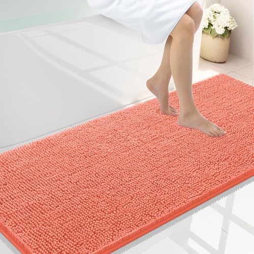 Smiry Luxury Chenille Bathroom Rugs 59x24, Extra Soft and Absorbent Shaggy Bath Mat, Machine Washable, Non-Slip Plush Carpet Runner for Tub, Shower, and Floor, Home Decor Accessories, Coral