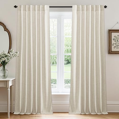 RYB HOME Living Room/Bedroom Curtains and Drapes Linen Sheer, Light Filtering Curtains 108 inches Long, Back Tab/Rod Pocket, Cream Colored, W 52 x L 108 inches, 2 Panels Set