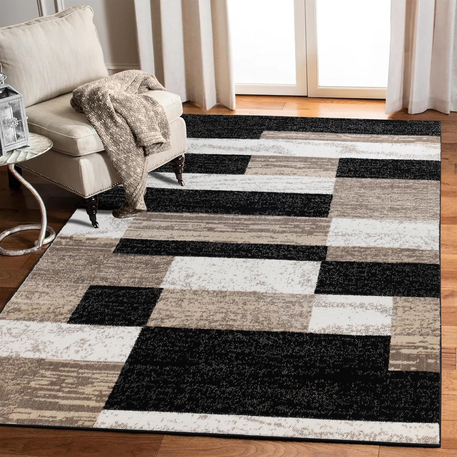 Superior Indoor Area Rug, Jute Backed, Modern Geometric Patchwork Floor Decor for Bedroom, Office, Living Room, Entryway, Kitchen, Hardwood Floors, Rockwood Collection, 4' x 6', Ivory-Beige