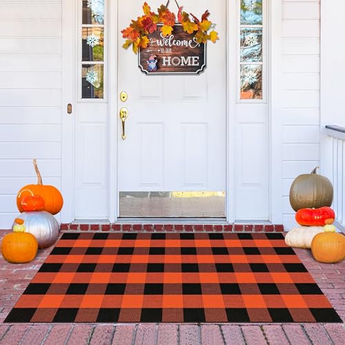 Buffalo Plaid Outdoor Rug Orange and Black 3x5 Fall Outdoor Mats for Front Door Cotton Woven Checkered Area Rug Washable Halloween Front Porch Decor Layered Doormat Rug for Farmhouse Entryway Patio