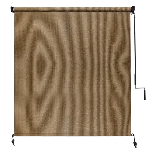 Amagenix Outdoor Roller Shade 7'(W) X 8'(H), Exterior Cordless Patio Shades Roll Up Outdoor Blinds with 90% UV Protection, Two-Section Poles with One-Piece Fabric, Coffee Brown