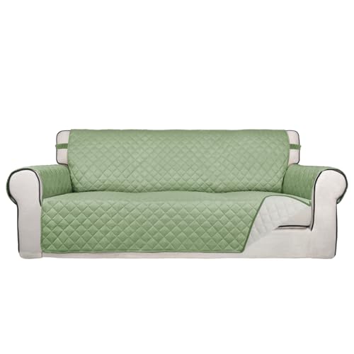 PureFit Reversible Quilted Sofa Cover, Water Resistant Slipcover Furniture Protector, Washable Couch Cover with Non Slip and Elastic Straps for Kids, Dogs, Pets (Oversized Sofa, Sage Green/Ivory)