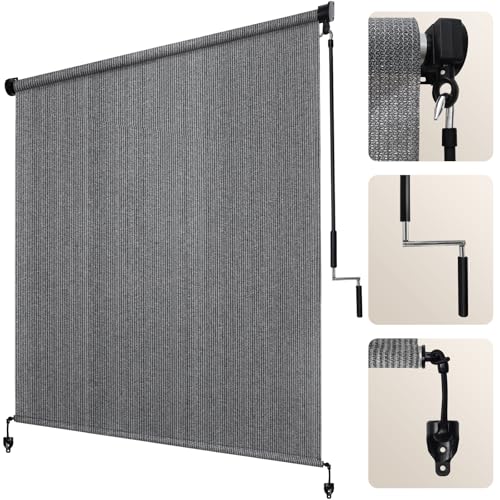 Artpuch Outdoor Roller Shade 6' W x 6' H, Gray Exterior Cordless Patio Shades Roll Up Blinds with Spliced Pole Design, (2 Poles, One-Piece Fabric)