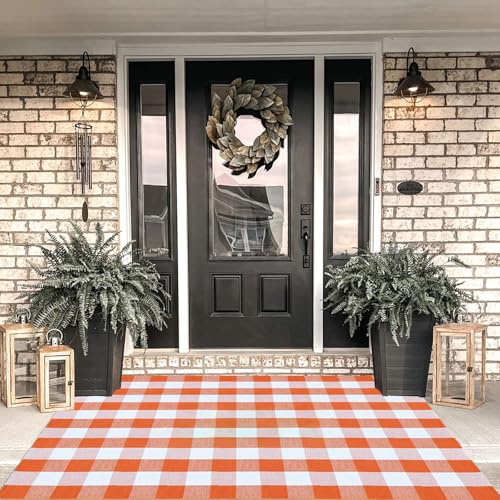 Buffalo Plaid Outdoor Rugs, 4' x 6' Orange and White Checkered Indoor/Outdoor Area Rug, Layering Rug for Hello/Welcome Door Mat, Washable Cotton Woven Farmhouse Mat for Fall Front Porch Decor