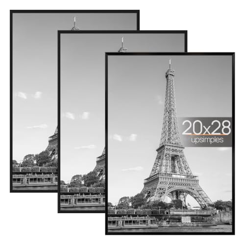 upsimples 20x28 Picture Frame Black 3 Pack, Scratch-Proof Poster Frames 20 x 28 for Photo Gallery - Slide-In Strips, Horizontal or Vertical Wall Mounting