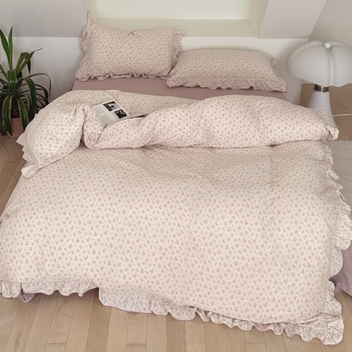 BuLuTu Pink Floral Duvet Cover Full Bedding Duvet Covers for Girls Kids Teens Soft Breathable Cotton Comforter Cover 79"x90" Shabby Chic Ruffles Quilt Cover, No Duvet/Comforter
