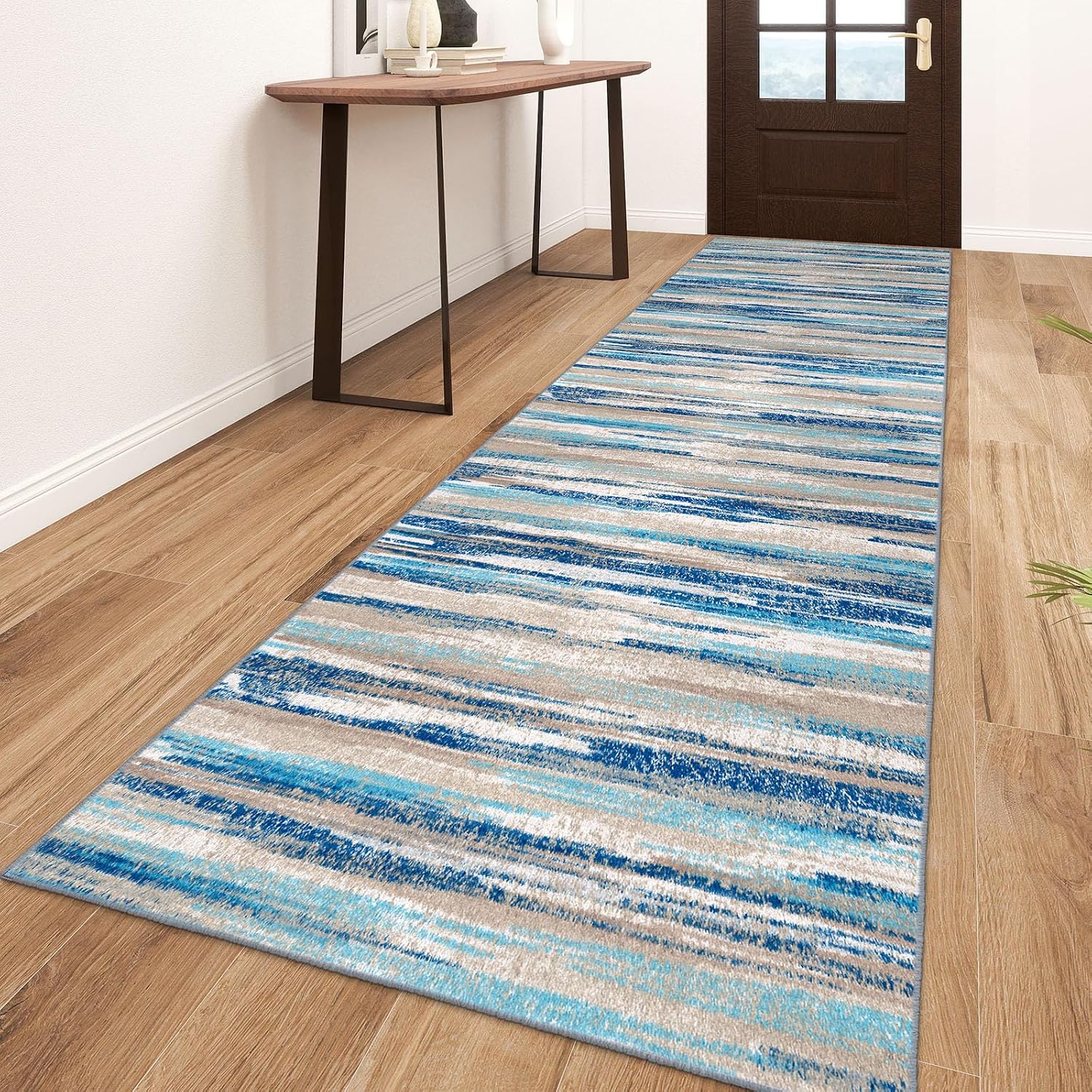 Modern Abstract Runner Rug 3x10, Blue Washable Kitchen Runner Non-Slip Soft Hallway Rug Runner Thin Print Faux Wool Carpet for Entryway Bedroom Laundry Room Indoor Home Office Decor