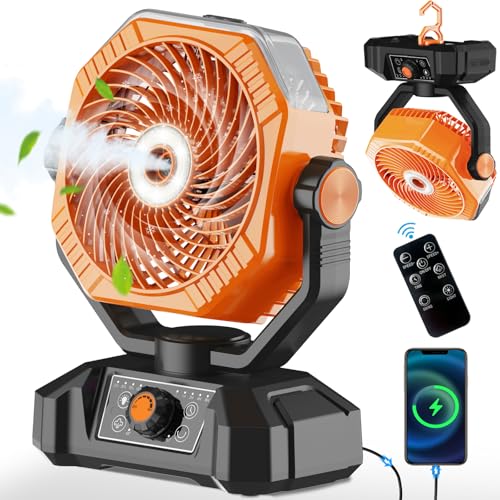 Portable Misting Fan, 20000mAh Battery Operated Rechargeable Cooling Fans for Outside, Outdoor Water Mister with 2 Mist Modes, Remote, Timer, Light, Camping Fan for Travel, Patios, Tent