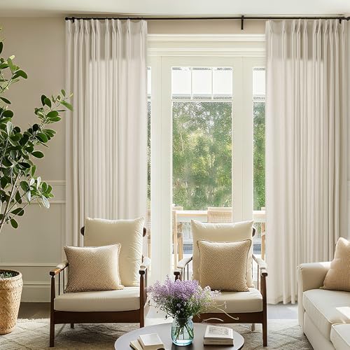 Greige Linen 102 Inch Curtains 72 Inch Wide for Living Room Privacy Pinch Pleated Drapes with Hooks Rings Back Tab Light Filtering Semi Sheer Extra Wide Curtains for Patio Balcony Oatmeal 72x102