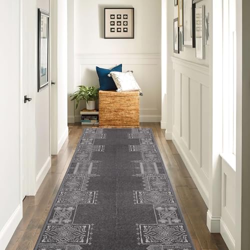 NICETOWN Grey Entryway Rug - 2x8 Hallway Runner with Rubber Backing, Ultra-Thin Foldable Boho Rug for Entryway, Laundry, Bedroom