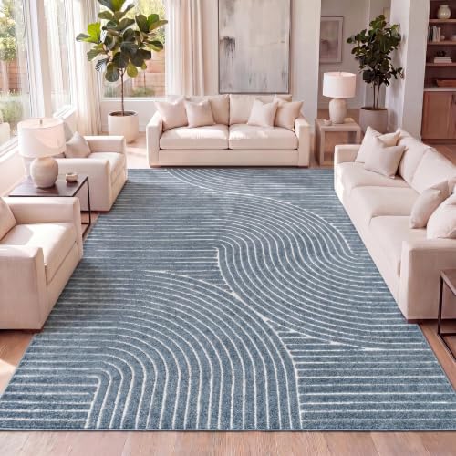 JONATHAN Y Hallie High-Low Curve Dark Blue/Cream 3x5 Indoor/Outdoor Area Rug, Minimalist Geometric, Pet Friendly, for Patio, Backyard, Living Room, Bedroom, Office, Hose-Washable (SCN100C-3)