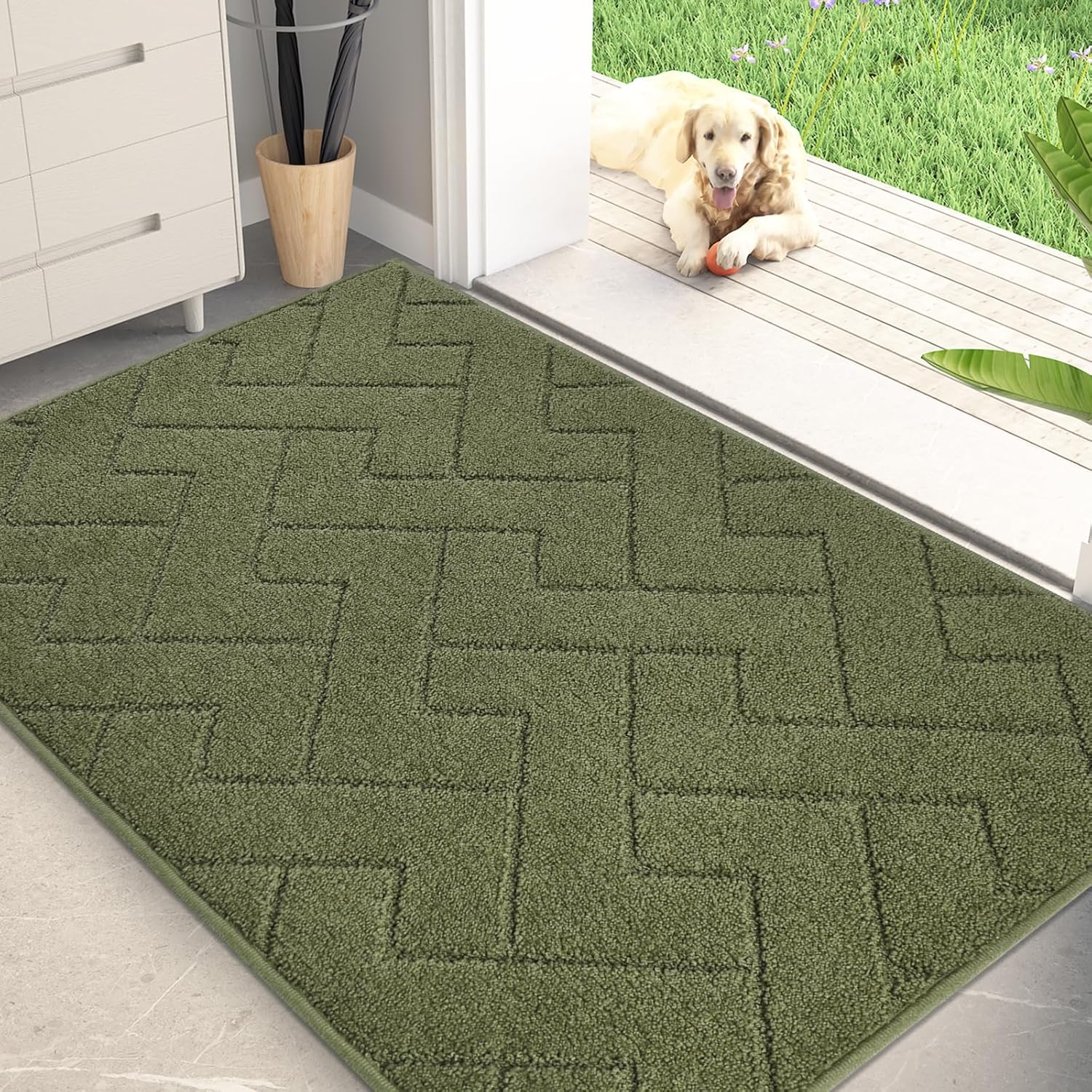 PURRUGS Dirt Trapping Door Mat 34" x 59", Non-Slip Machine Washable Entry Rug, Shoe Scraper, Dog Doormat, Super Absorbent Welcome Mat for Front & Back Door, Muddy Wet Shoes & Paws, Sage Green