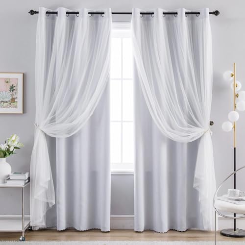 Anytime Home Curtains Blackout and Sheer Layered Solid Window Curtain Panel Pair with Grommet Top, 52Wx108L,Greyish White