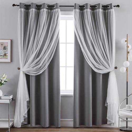 Anytime Home Curtains Blackout and Sheer Layered Solid Window Curtain Panel Pair with Grommet Top, 52Wx108L,Grey