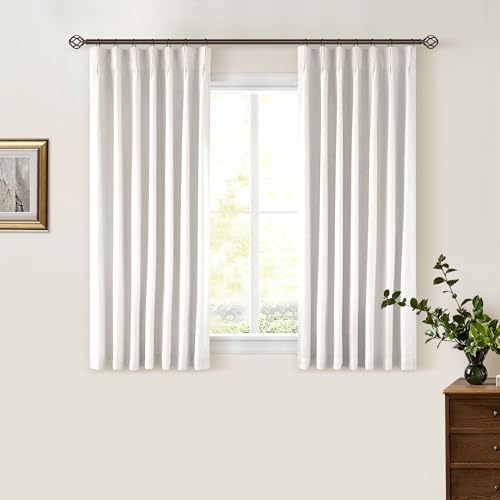 Blackout Linen Curtains 45 Inch Long Pinch Pleat Back Tab Pleated Country Room Darkening UV Blocking Ivory Short Curtains for Small Window Bedroom Nursery Cafe with Hooks Rings Beige Off White