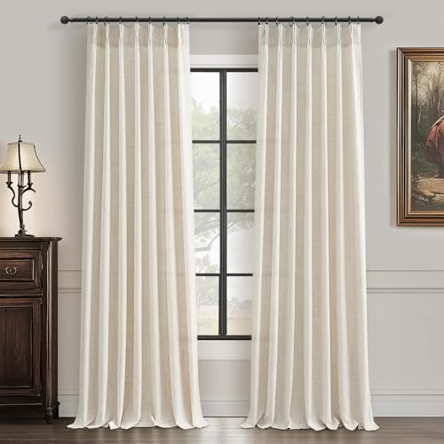 86 Inch Curtains 2 Panels Set, Elegant Farmhouse Cream Beige Thick Linen Light Filtering Sunroom Semi Sheer Curtains Back Tab for Bedroom Decor (40" W x 86" L Pinch Pleated Hooks&Rings)