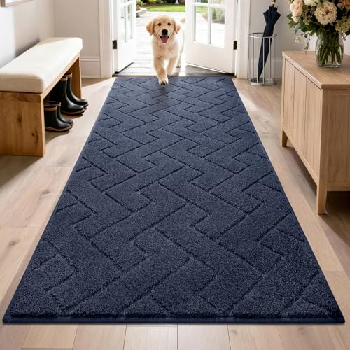 PURRUGS Dirt Trapping Door Mat 32" x 70", Non-Slip Machine Washable Entry Rug, Shoe Scraper, Dog Doormat, Super Absorbent Welcome Mat for Front & Back Door, Muddy Wet Shoes & Paws, Navy Blue