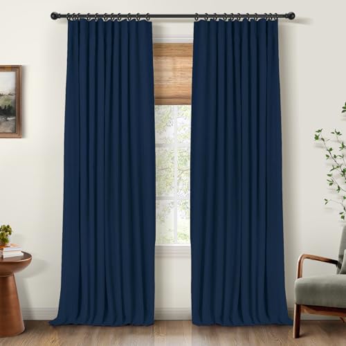 INOVADAY 100% Blackout Curtains for Bedroom, Black Out Curtains 96 Inch Long, Clip Rings Linen Blackout Drapes, Thermal Insulated Room Darkening for Living Room, 2 Panels - Midnight Blue,W50xL96