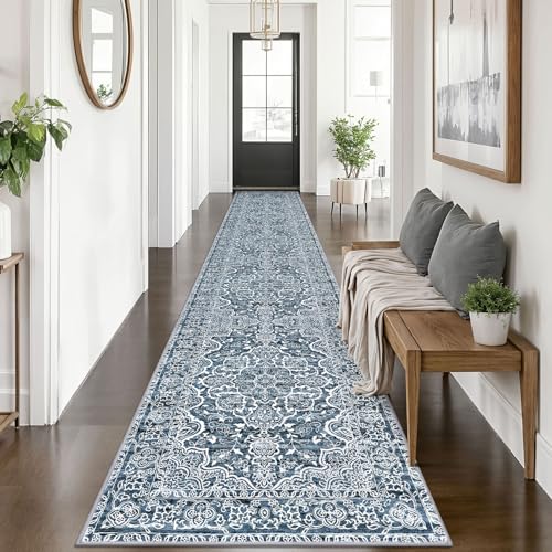 KUTA Vintage Washable Runner Rug 2.6x14, Non-Slip Hallway Kitchen Runners Blue White with Rubber Backing, Ultra Soft Printed Distressed Medallion Extra Long 14ft Carpet Rugs Indoor for Stairs