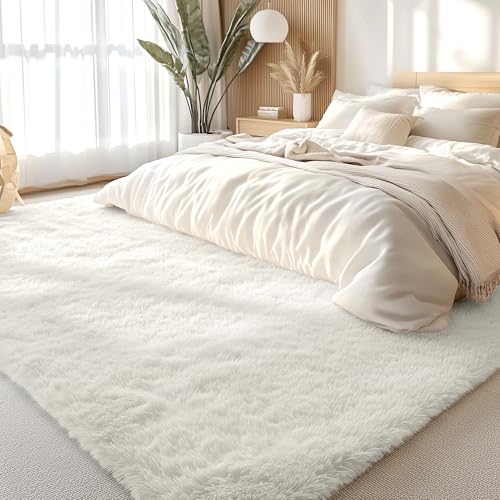 OLANLY 6x9 Machine Washable Large Area Rugs for Living Room, Bedroom, Soft Fluffy Shaggy Bedside Rug, Indoor Floor Carpet for Kids Girls and Boys, Dorms, Nursery, Home Decor Aesthetic, Ivory