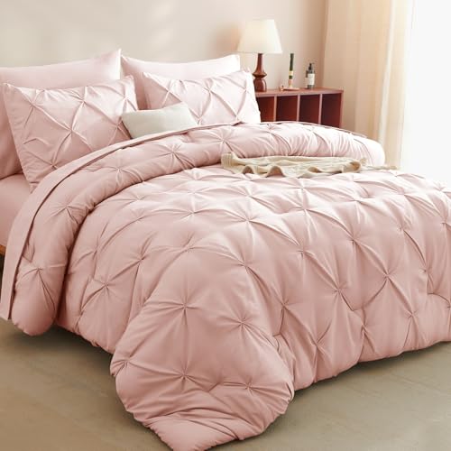CozyLux Full Size Comforter Sets Blush Pink, 7 Pieces Pintuck Bed in A Bag Pink Comforter Full Size, Pinch Pleat Bedding Sets with All Season Comforter, Sheets, Pillowcases & Shams