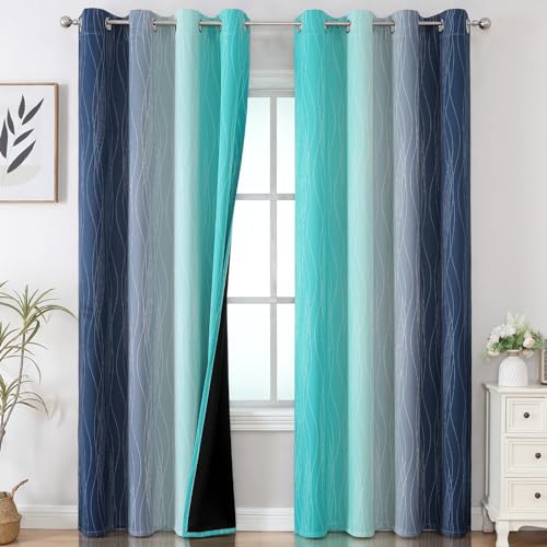 Estelar Textiler Navy Blue and Teal Ombre Blackout Curtains 90 Inches Long 2 Panels for Living Room, Thermal Insulated Drapes for Bedroom, Full Room Darkening Grommet Curtains for Sliding Door,52Wx90L