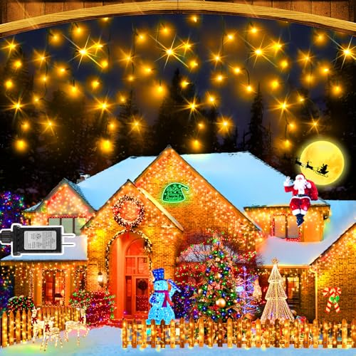 KNONEW 33FT 400 LED Christmas Lights Outdoor Black Wire String Lights with 75 Drops, 8 Lighting Modes, Timer Memory Function Connectable Hanging Curtain Lights for Halloween Party Decor (Warm White)